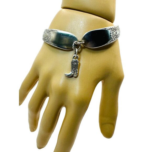 Vintage Artisan Silver Plated Silverware Spoon Bracelet With Western Boot Charm - Picture 7 of 16